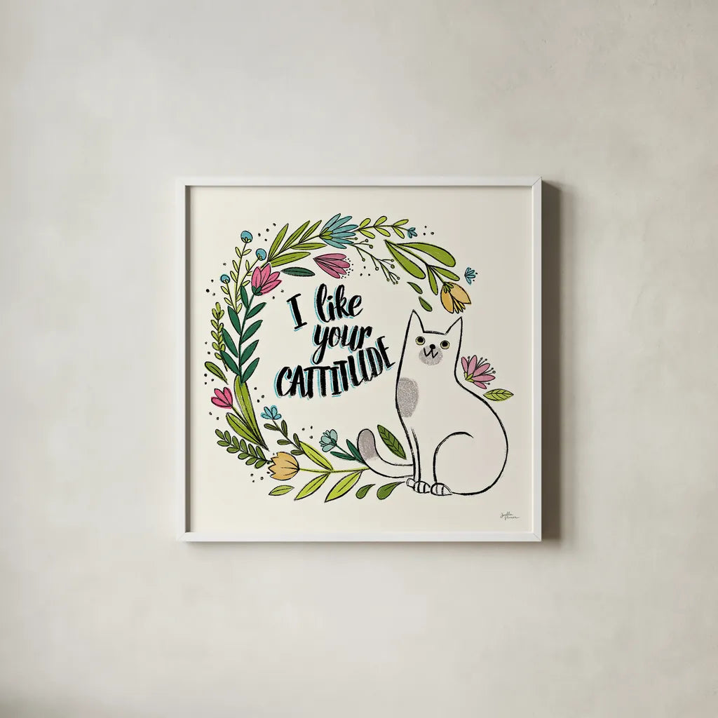 Purrfect Garden IX by Janelle Penner. Shown in a crisp white glass frame for a clean and minimalist style. Available as an archival giclee rolled canvas, fine art paper, or poster print. SKU 37615a.