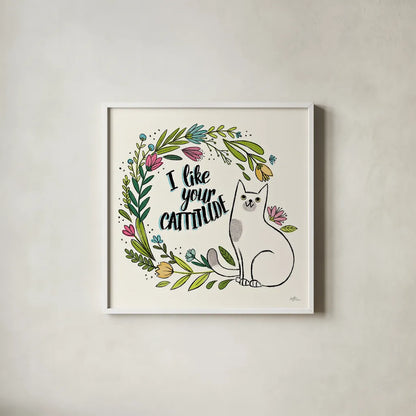 Purrfect Garden IX by Janelle Penner. Shown in a crisp white glass frame for a clean and minimalist style. Available as an archival giclee rolled canvas, fine art paper, or poster print. SKU 37615a.