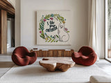 Purrfect Garden IX by Janelle Penner. Shown as extra-large giant wall art in a modern living room. Available as an archival giclee rolled canvas, fine art paper, or poster print. SKU 37615a.