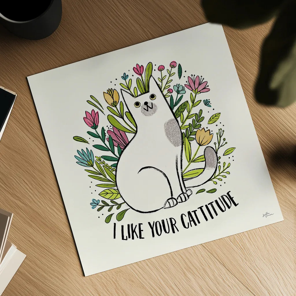 Purrfect Garden V by Janelle Penner. Shown as a detailed flat fine art print, highlighting archival giclee quality. Available as an archival giclee rolled canvas, fine art paper, or poster print. SKU 37611a.
