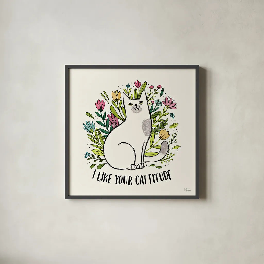 Purrfect Garden V by Janelle Penner. Shown in a sleek black glass frame for a contemporary gallery look. Available as an archival giclee rolled canvas, fine art paper, or poster print. SKU 37611a.