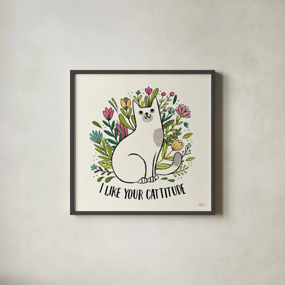 Purrfect Garden V by Janelle Penner. Shown in a sleek black glass frame for a contemporary gallery look. Available as an archival giclee rolled canvas, fine art paper, or poster print. SKU 37611a.
