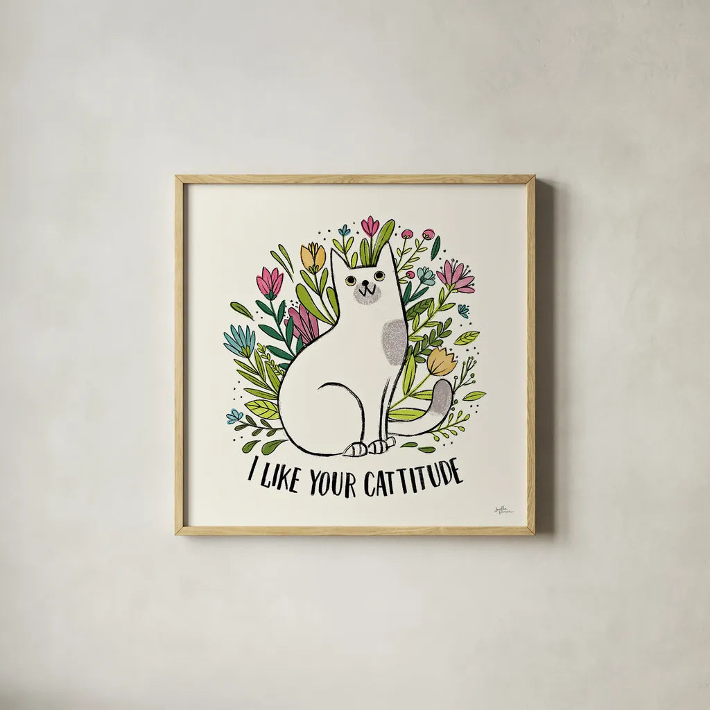 Purrfect Garden V by Janelle Penner. Shown in a natural wood glass frame for a timeless modern aesthetic. Available as an archival giclee rolled canvas, fine art paper, or poster print. SKU 37611a.