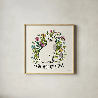 Purrfect Garden V by Janelle Penner. Shown in a natural wood glass frame for a timeless modern aesthetic. Available as an archival giclee rolled canvas, fine art paper, or poster print. SKU 37611a.