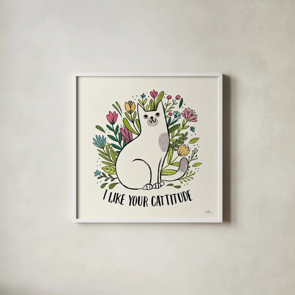Purrfect Garden V by Janelle Penner. Shown in a crisp white glass frame for a clean and minimalist style. Available as an archival giclee rolled canvas, fine art paper, or poster print. SKU 37611a.