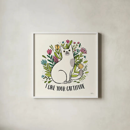 Purrfect Garden V by Janelle Penner. Shown in a crisp white glass frame for a clean and minimalist style. Available as an archival giclee rolled canvas, fine art paper, or poster print. SKU 37611a.