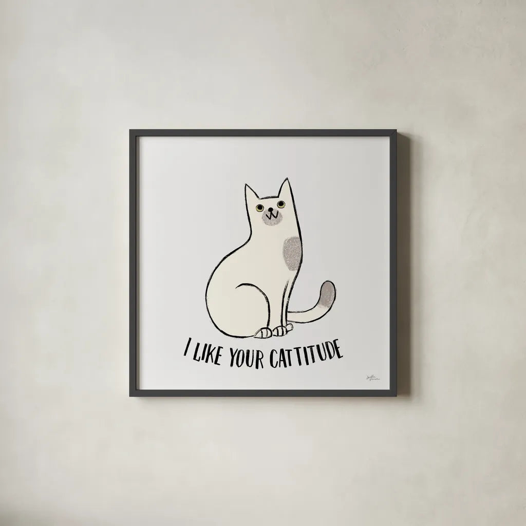 Purrfect Garden V No Flowers Gray by Janelle Penner. Shown in a sleek black glass frame for a contemporary gallery look. Available as an archival giclee rolled canvas, fine art paper, or poster print. SKU 39361a.