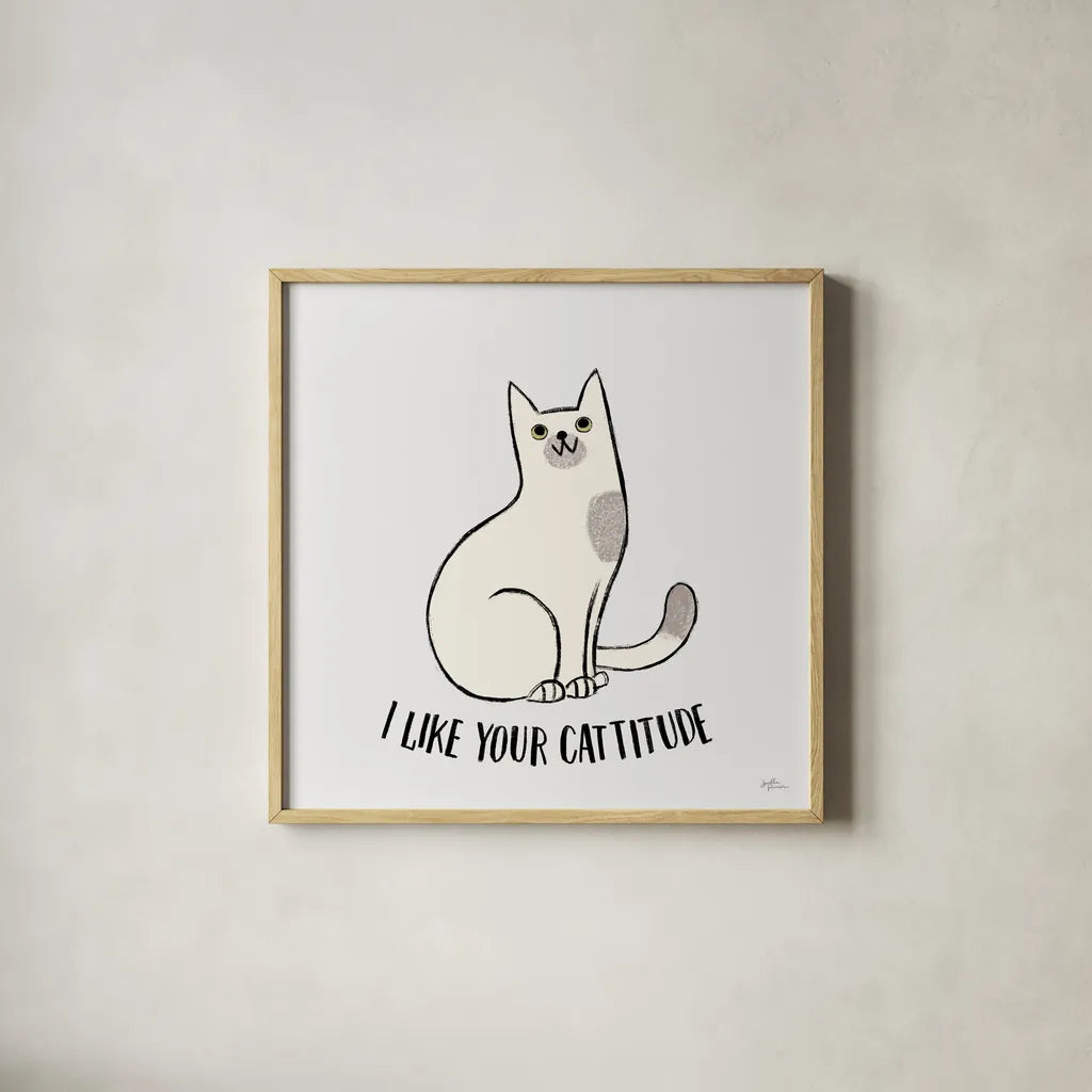 Purrfect Garden V No Flowers Gray by Janelle Penner. Shown in a natural wood glass frame for a timeless modern aesthetic. Available as an archival giclee rolled canvas, fine art paper, or poster print. SKU 39361a.