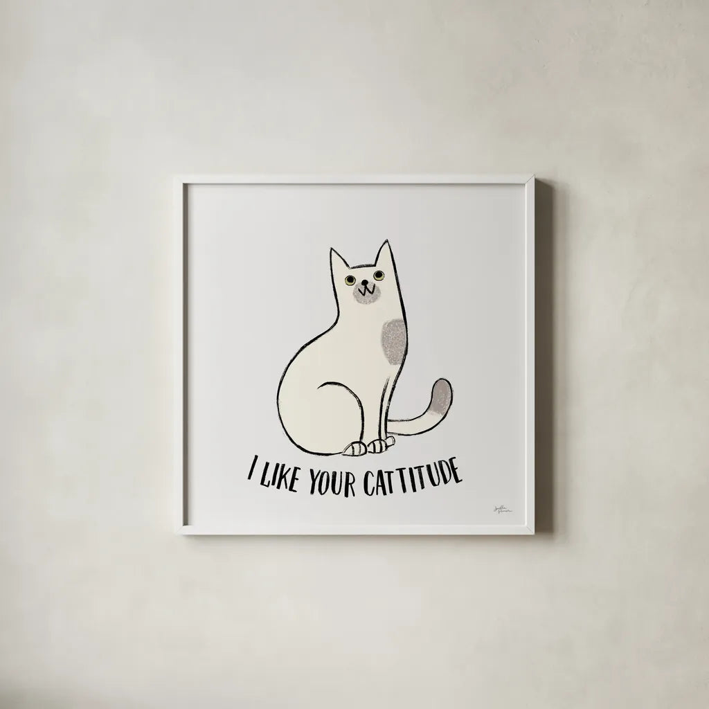 Purrfect Garden V No Flowers Gray by Janelle Penner. Shown in a crisp white glass frame for a clean and minimalist style. Available as an archival giclee rolled canvas, fine art paper, or poster print. SKU 39361a.