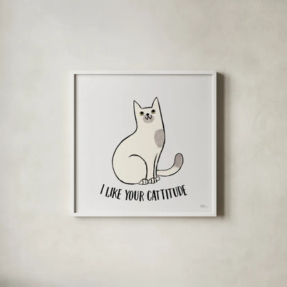 Purrfect Garden V No Flowers Gray by Janelle Penner. Shown in a crisp white glass frame for a clean and minimalist style. Available as an archival giclee rolled canvas, fine art paper, or poster print. SKU 39361a.