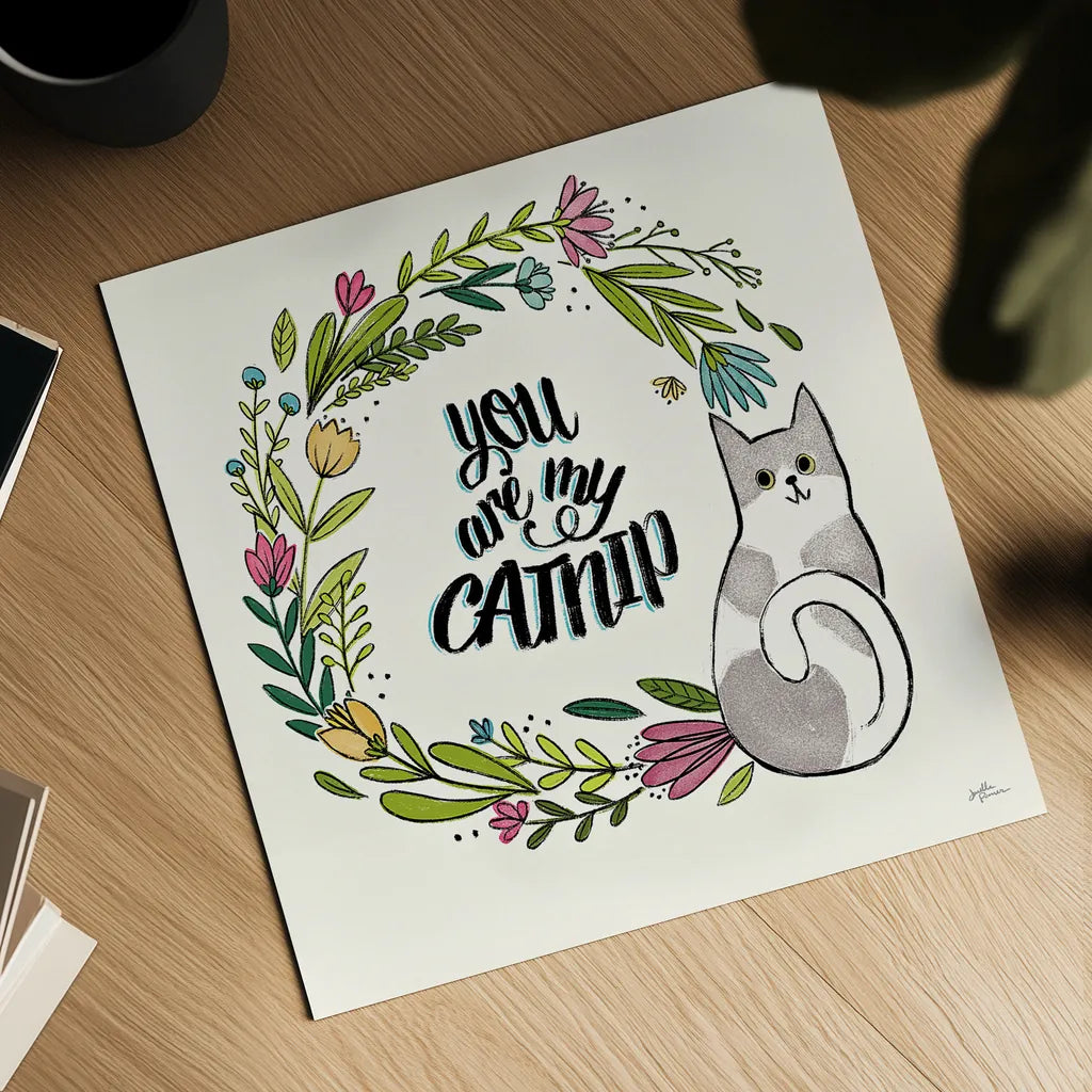 Purrfect Garden VI by Janelle Penner. Shown as a detailed flat fine art print, highlighting archival giclee quality. Available as an archival giclee rolled canvas, fine art paper, or poster print. SKU 37612a.