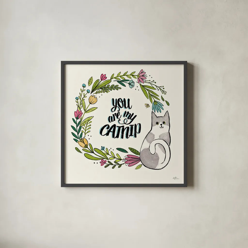 Purrfect Garden VI by Janelle Penner. Shown in a sleek black glass frame for a contemporary gallery look. Available as an archival giclee rolled canvas, fine art paper, or poster print. SKU 37612a.