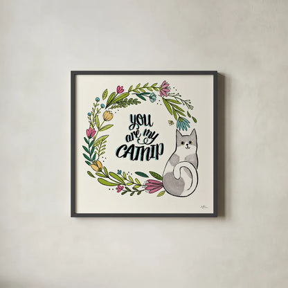 Purrfect Garden VI by Janelle Penner. Shown in a sleek black glass frame for a contemporary gallery look. Available as an archival giclee rolled canvas, fine art paper, or poster print. SKU 37612a.