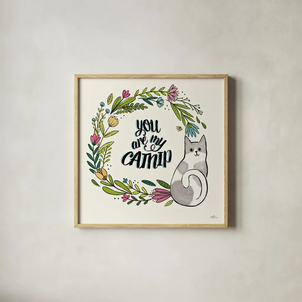 Purrfect Garden VI by Janelle Penner. Shown in a natural wood glass frame for a timeless modern aesthetic. Available as an archival giclee rolled canvas, fine art paper, or poster print. SKU 37612a.