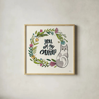 Purrfect Garden VI by Janelle Penner. Shown in a natural wood glass frame for a timeless modern aesthetic. Available as an archival giclee rolled canvas, fine art paper, or poster print. SKU 37612a.