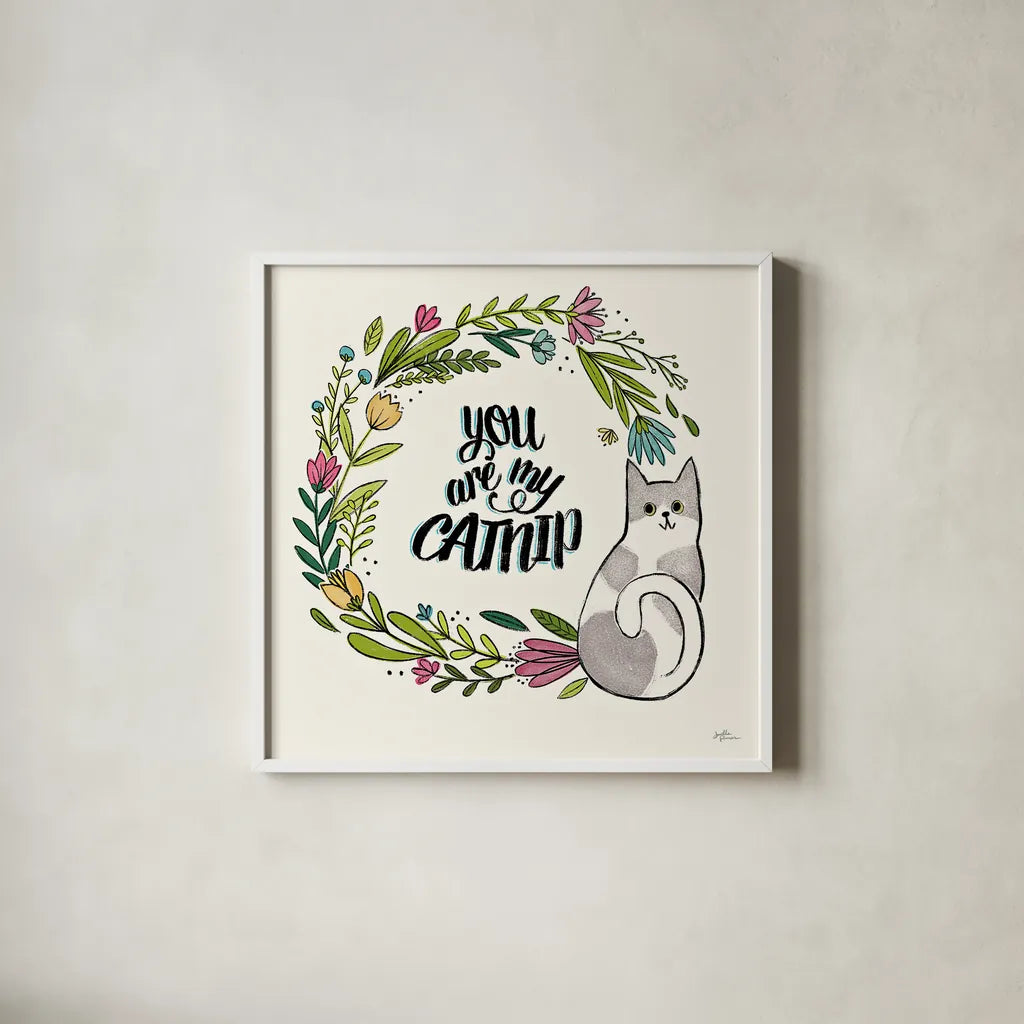 Purrfect Garden VI by Janelle Penner. Shown in a crisp white glass frame for a clean and minimalist style. Available as an archival giclee rolled canvas, fine art paper, or poster print. SKU 37612a.