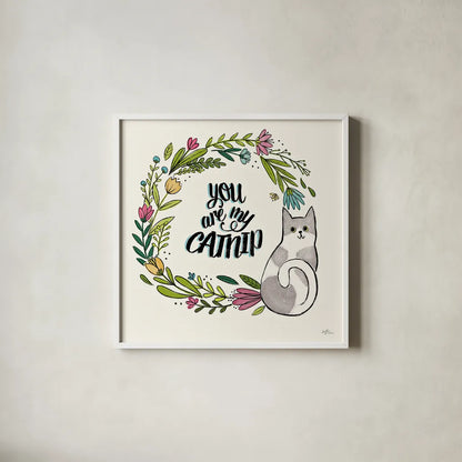 Purrfect Garden VI by Janelle Penner. Shown in a crisp white glass frame for a clean and minimalist style. Available as an archival giclee rolled canvas, fine art paper, or poster print. SKU 37612a.