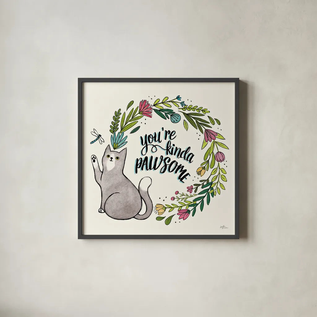 Purrfect Garden VIII by Janelle Penner. Shown in a sleek black glass frame for a contemporary gallery look. Available as an archival giclee rolled canvas, fine art paper, or poster print. SKU 37614a.
