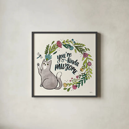 Purrfect Garden VIII by Janelle Penner. Shown in a sleek black glass frame for a contemporary gallery look. Available as an archival giclee rolled canvas, fine art paper, or poster print. SKU 37614a.