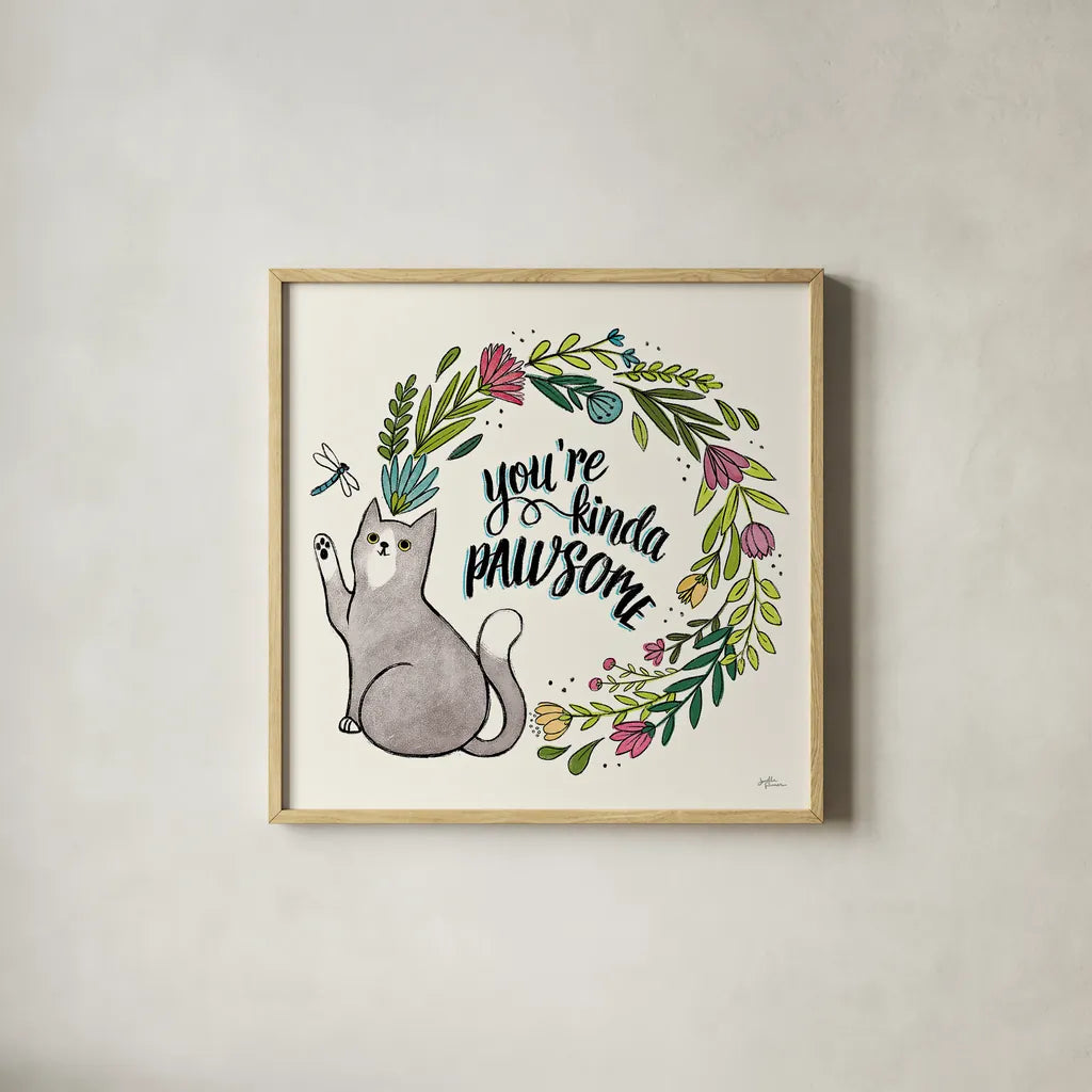 Purrfect Garden VIII by Janelle Penner. Shown in a natural wood glass frame for a timeless modern aesthetic. Available as an archival giclee rolled canvas, fine art paper, or poster print. SKU 37614a.