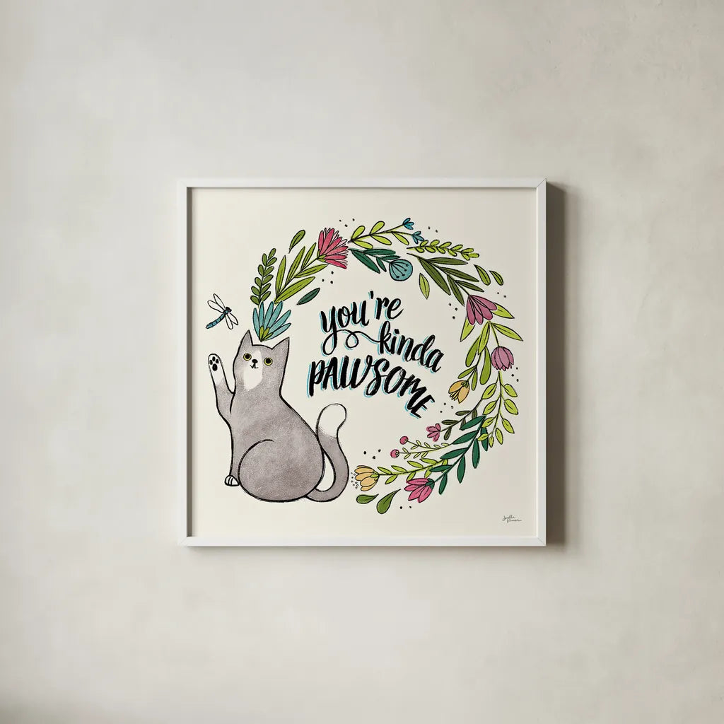 Purrfect Garden VIII by Janelle Penner. Shown in a crisp white glass frame for a clean and minimalist style. Available as an archival giclee rolled canvas, fine art paper, or poster print. SKU 37614a.