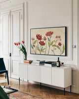 Red Gold Beauties I by Janelle Penner. shown as a framed stretched canvas in a living room above a console. Available as a archival giclee rolled canvas, fine art paper, or poster print. SKU 55941i.