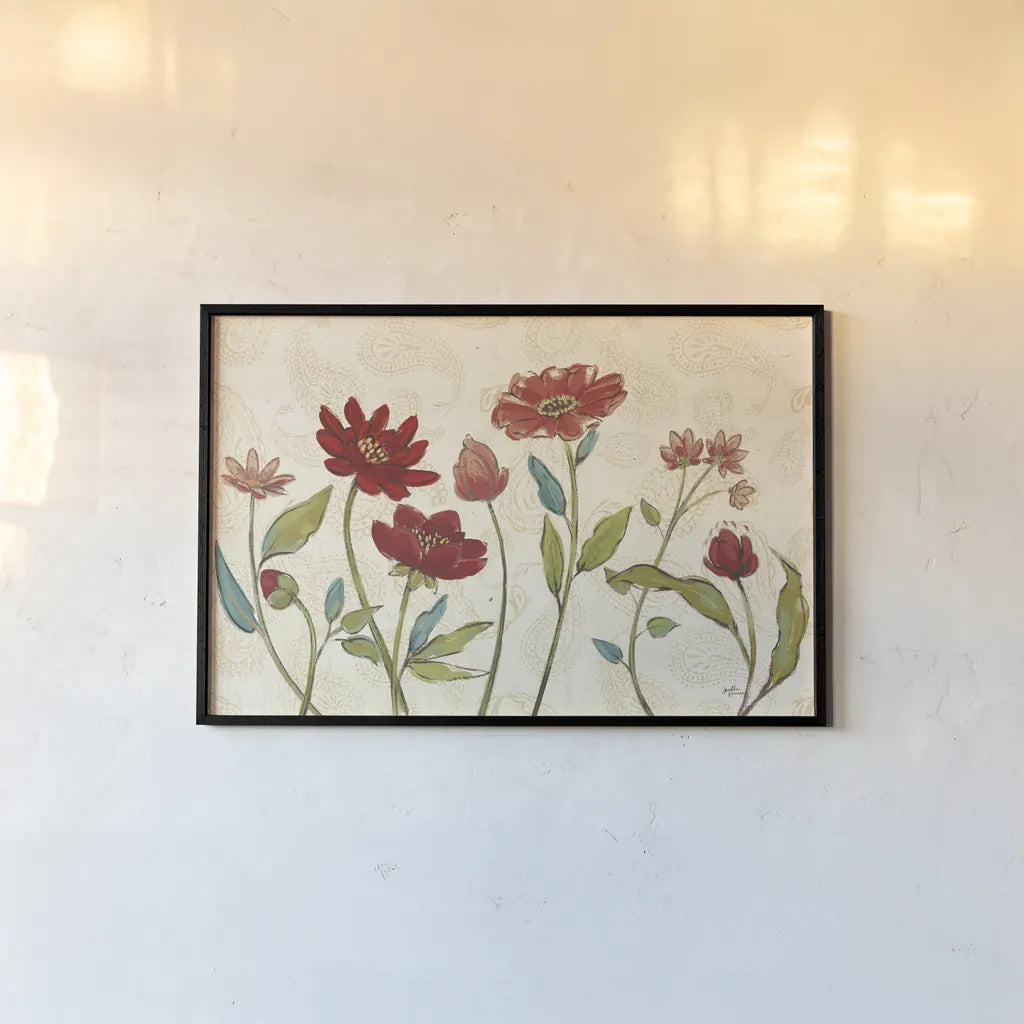 Red Gold Beauties I by Janelle Penner. shown as a paper print in a black flame. Available as a archival giclee rolled canvas, fine art paper, or poster print. SKU 55941i.