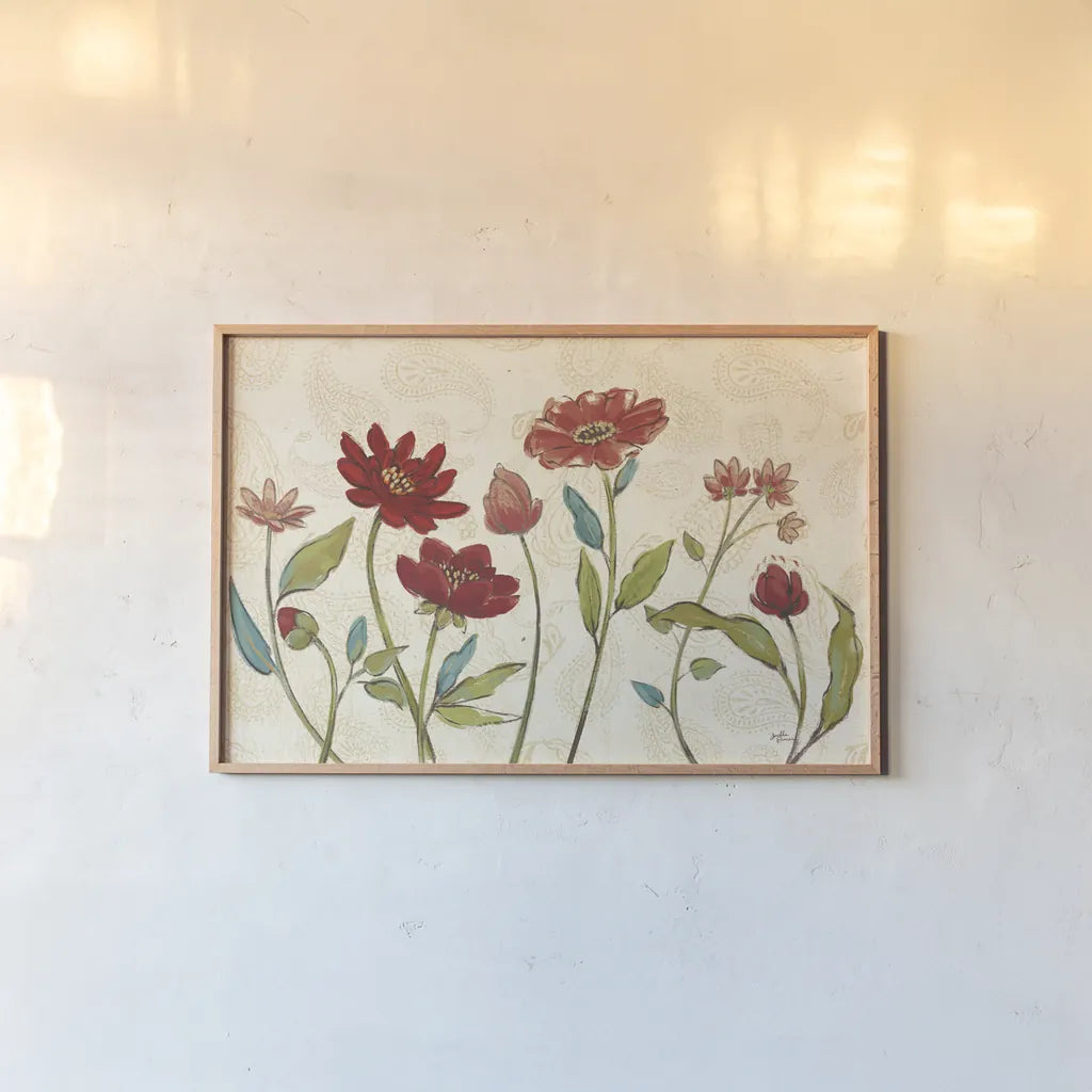 Red Gold Beauties I by Janelle Penner. shown as a paper print in a natural frame. Available as a archival giclee rolled canvas, fine art paper, or poster print. SKU 55941i.