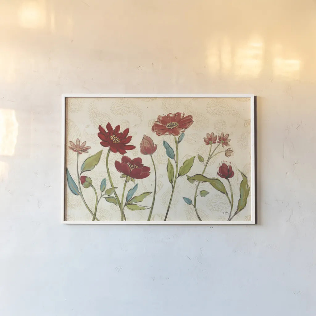 Red Gold Beauties I by Janelle Penner. shown as a paper print in a white frame. Available as a archival giclee rolled canvas, fine art paper, or poster print. SKU 55941i.