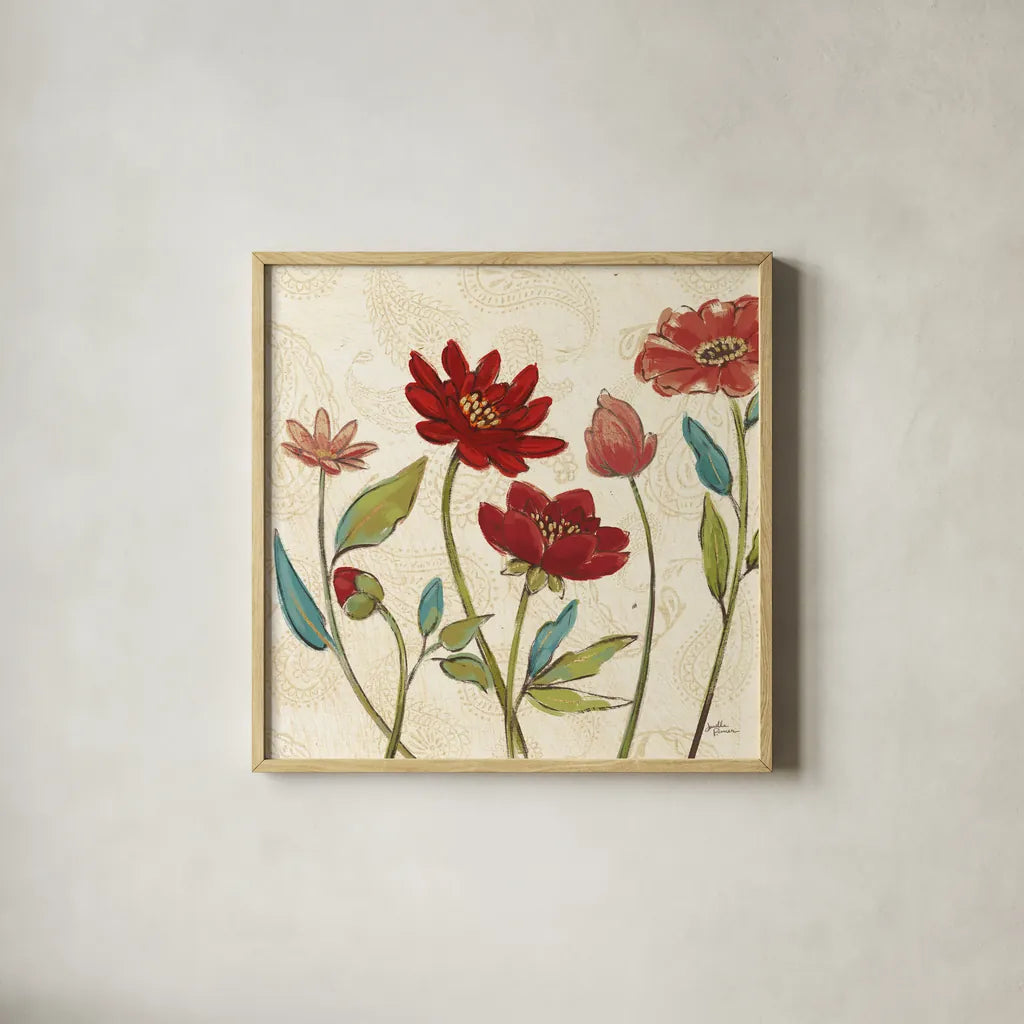 Red Gold Beauties I Crop by Janelle Penner. Shown in a natural wood glass frame for a timeless modern aesthetic. Available as an archival giclee rolled canvas, fine art paper, or poster print. SKU 55941a.