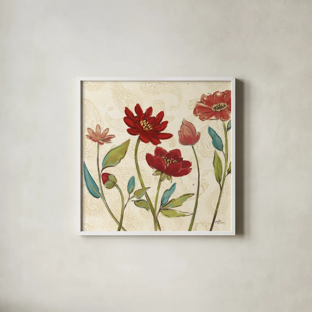 Red Gold Beauties I Crop by Janelle Penner. Shown in a crisp white glass frame for a clean and minimalist style. Available as an archival giclee rolled canvas, fine art paper, or poster print. SKU 55941a.