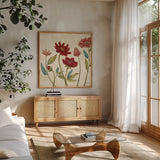 Red Gold Beauties I Crop by Janelle Penner. Shown in a natural wood frame in a cozy modern living room. Available as an archival giclee rolled canvas, fine art paper, or poster print. SKU 55941a.