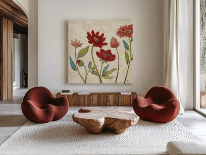 Red Gold Beauties I Crop by Janelle Penner. Shown as extra-large giant wall art in a modern living room. Available as an archival giclee rolled canvas, fine art paper, or poster print. SKU 55941a.