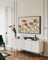 Red Gold Beauties II by Janelle Penner. shown as a framed stretched canvas in a living room above a console. Available as a archival giclee rolled canvas, fine art paper, or poster print. SKU 55942i.
