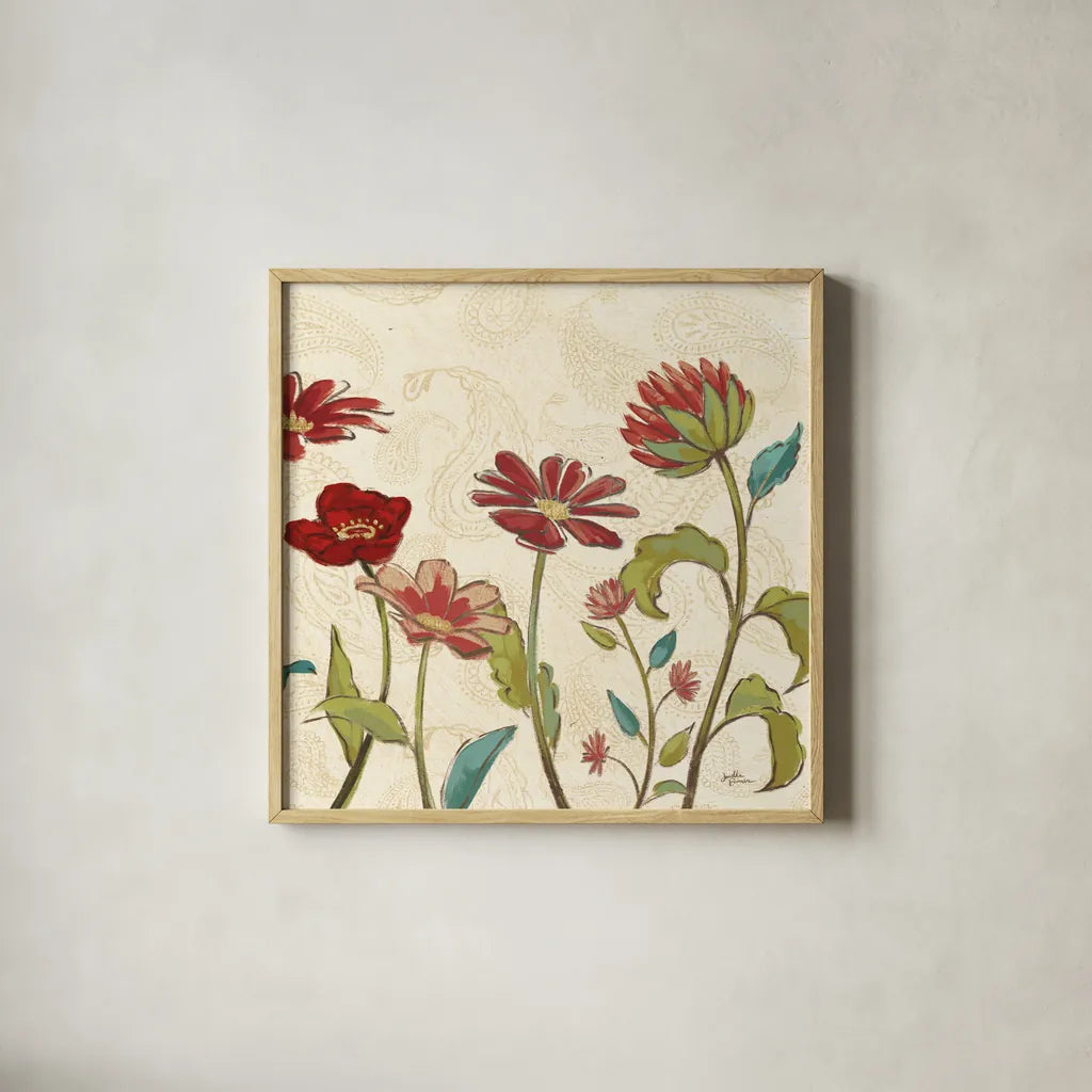 Red Gold Beauties II Crop by Janelle Penner. Shown in a natural wood glass frame for a timeless modern aesthetic. Available as an archival giclee rolled canvas, fine art paper, or poster print. SKU 55942a.