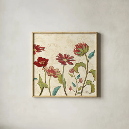 Red Gold Beauties II Crop by Janelle Penner. Shown in a natural wood glass frame for a timeless modern aesthetic. Available as an archival giclee rolled canvas, fine art paper, or poster print. SKU 55942a.