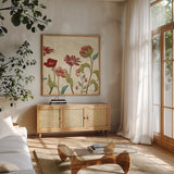 Red Gold Beauties II Crop by Janelle Penner. Shown in a natural wood frame in a cozy modern living room. Available as an archival giclee rolled canvas, fine art paper, or poster print. SKU 55942a.