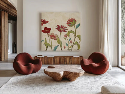 Red Gold Beauties II Crop by Janelle Penner. Shown as extra-large giant wall art in a modern living room. Available as an archival giclee rolled canvas, fine art paper, or poster print. SKU 55942a.