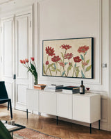 Red Gold Beauties III by Janelle Penner. shown as a framed stretched canvas in a living room above a console. Available as a archival giclee rolled canvas, fine art paper, or poster print. SKU 55943i.