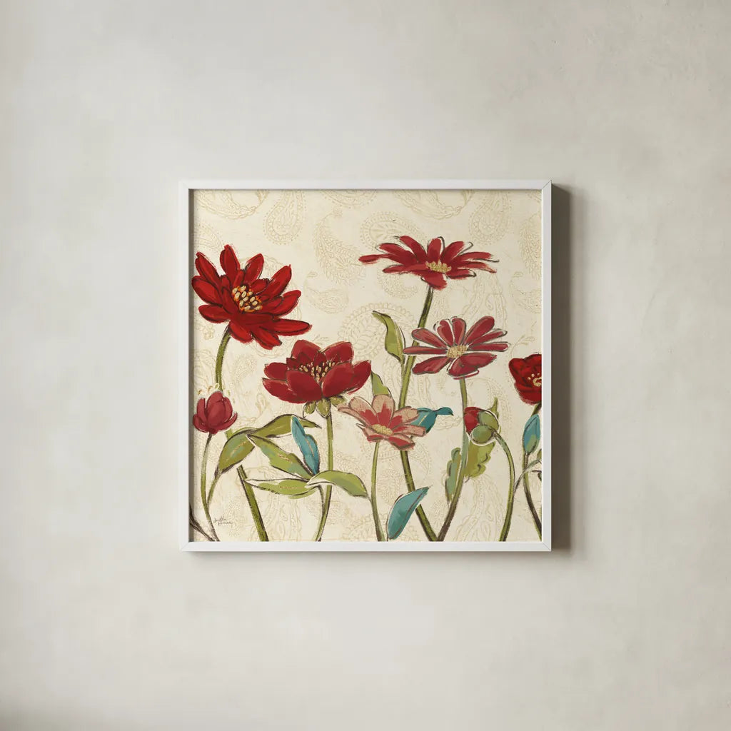 Red Gold Beauties III Crop by Janelle Penner. Shown in a crisp white glass frame for a clean and minimalist style. Available as an archival giclee rolled canvas, fine art paper, or poster print. SKU 55943a.
