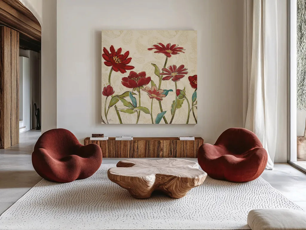 Red Gold Beauties III Crop by Janelle Penner. Shown as extra-large giant wall art in a modern living room. Available as an archival giclee rolled canvas, fine art paper, or poster print. SKU 55943a.
