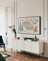 Retro Christmas I by Janelle Penner. shown as a framed stretched canvas in a living room above a console. Available as a archival giclee rolled canvas, fine art paper, or poster print. SKU 36158i.