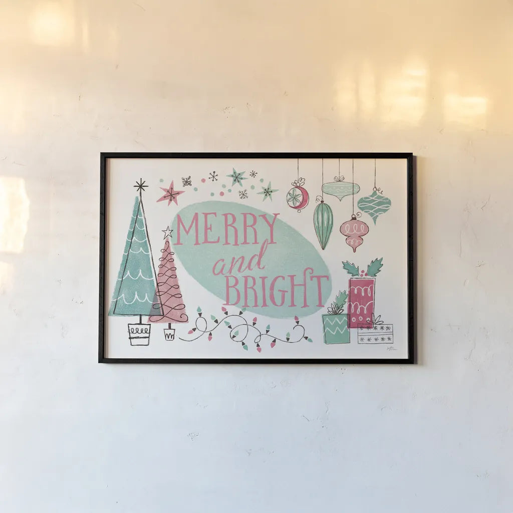 Retro Christmas I Bright by Janelle Penner. shown as a paper print in a black flame. Available as a archival giclee rolled canvas, fine art paper, or poster print. SKU 66712i.