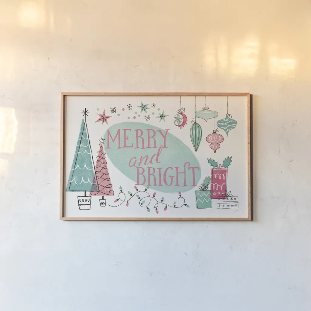 Retro Christmas I Bright by Janelle Penner. shown as a paper print in a natural frame. Available as a archival giclee rolled canvas, fine art paper, or poster print. SKU 66712i.