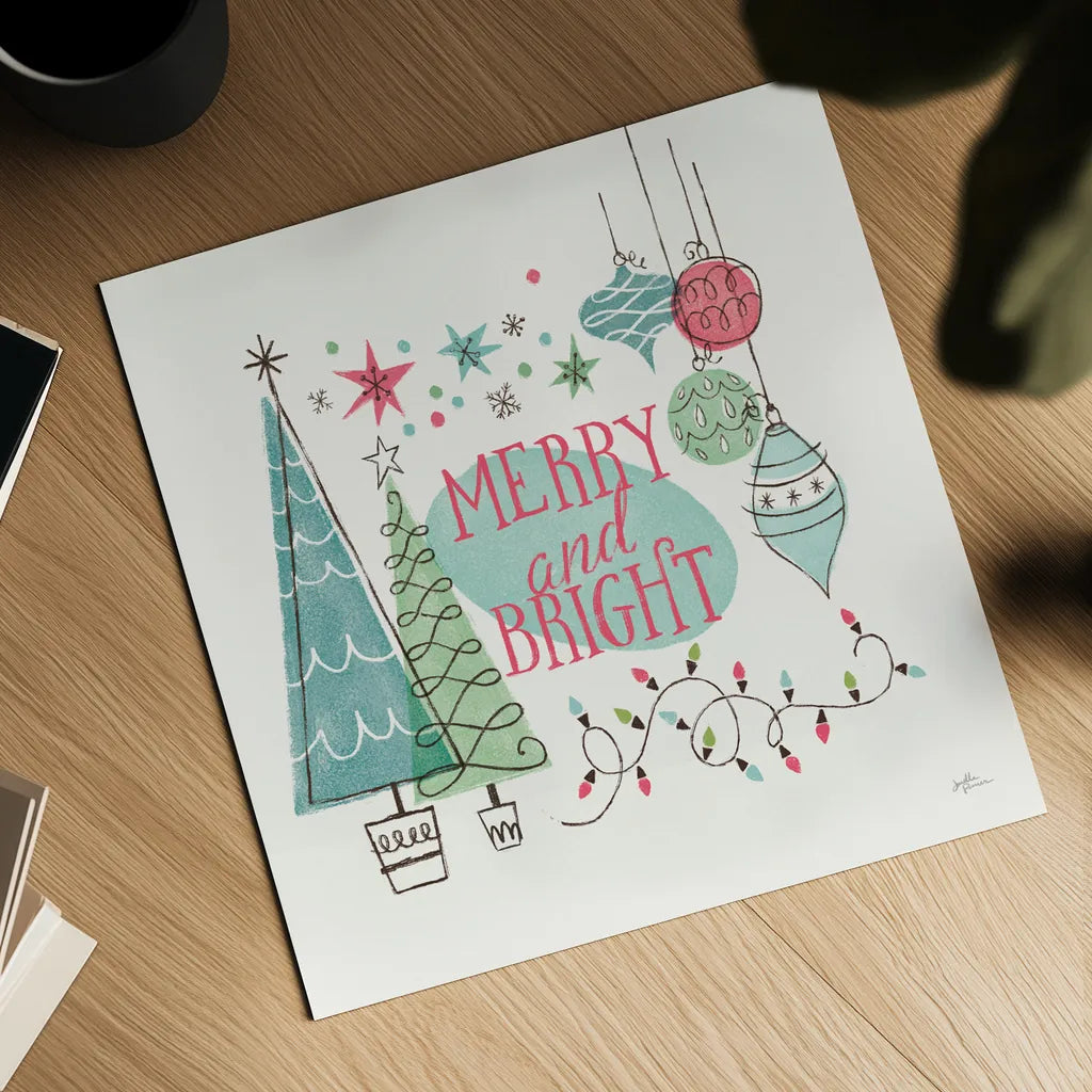 Retro Christmas II Bright by Janelle Penner. Shown as a detailed flat fine art print, highlighting archival giclee quality. Available as an archival giclee rolled canvas, fine art paper, or poster print. SKU 66851a.