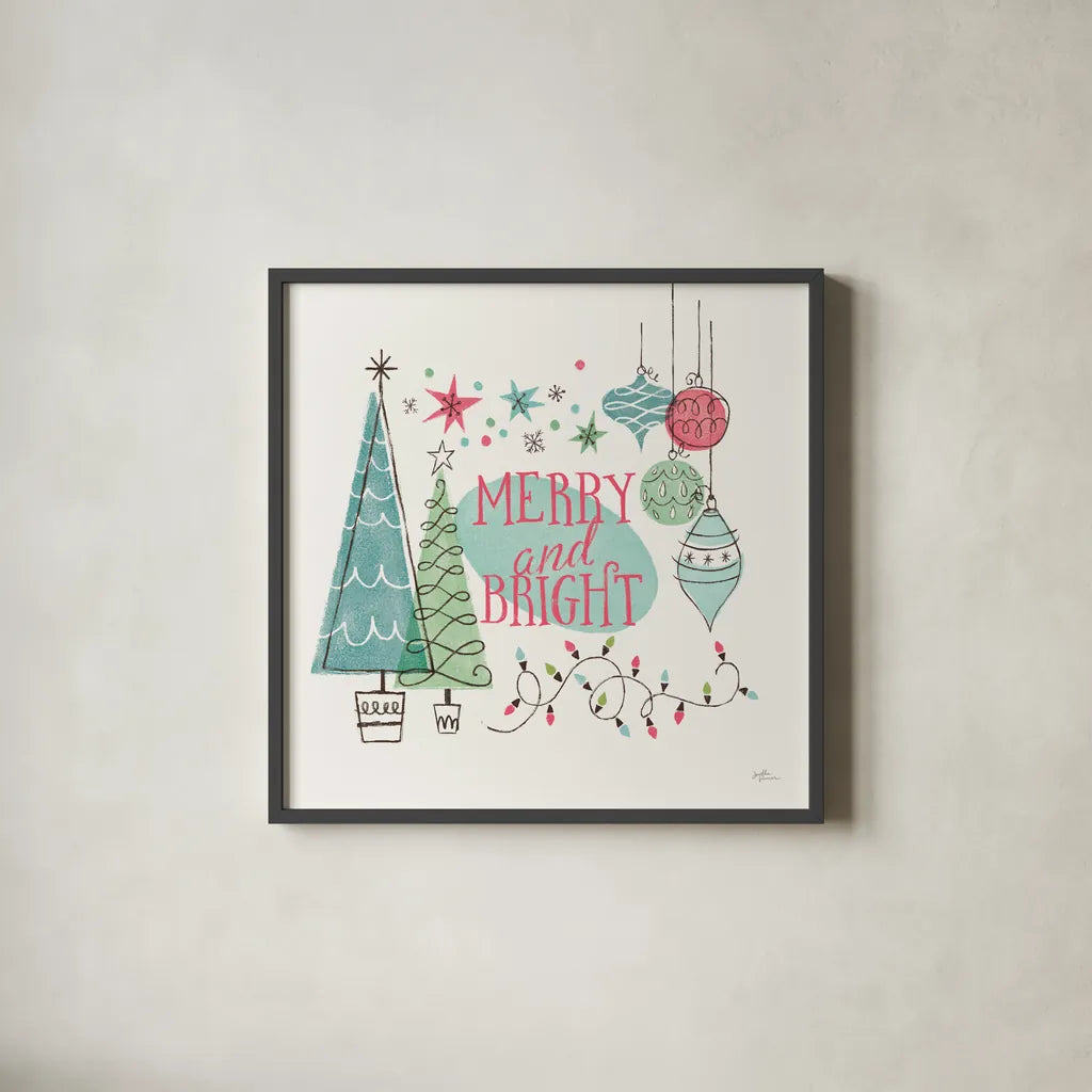 Retro Christmas II Bright by Janelle Penner. Shown in a sleek black glass frame for a contemporary gallery look. Available as an archival giclee rolled canvas, fine art paper, or poster print. SKU 66851a.
