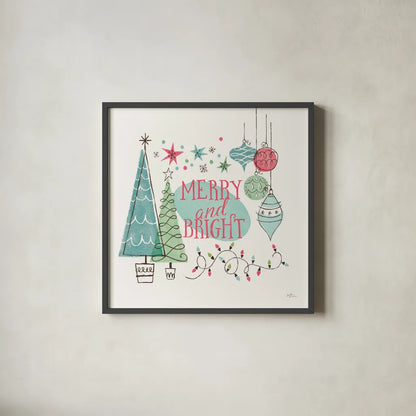 Retro Christmas II Bright by Janelle Penner. Shown in a sleek black glass frame for a contemporary gallery look. Available as an archival giclee rolled canvas, fine art paper, or poster print. SKU 66851a.