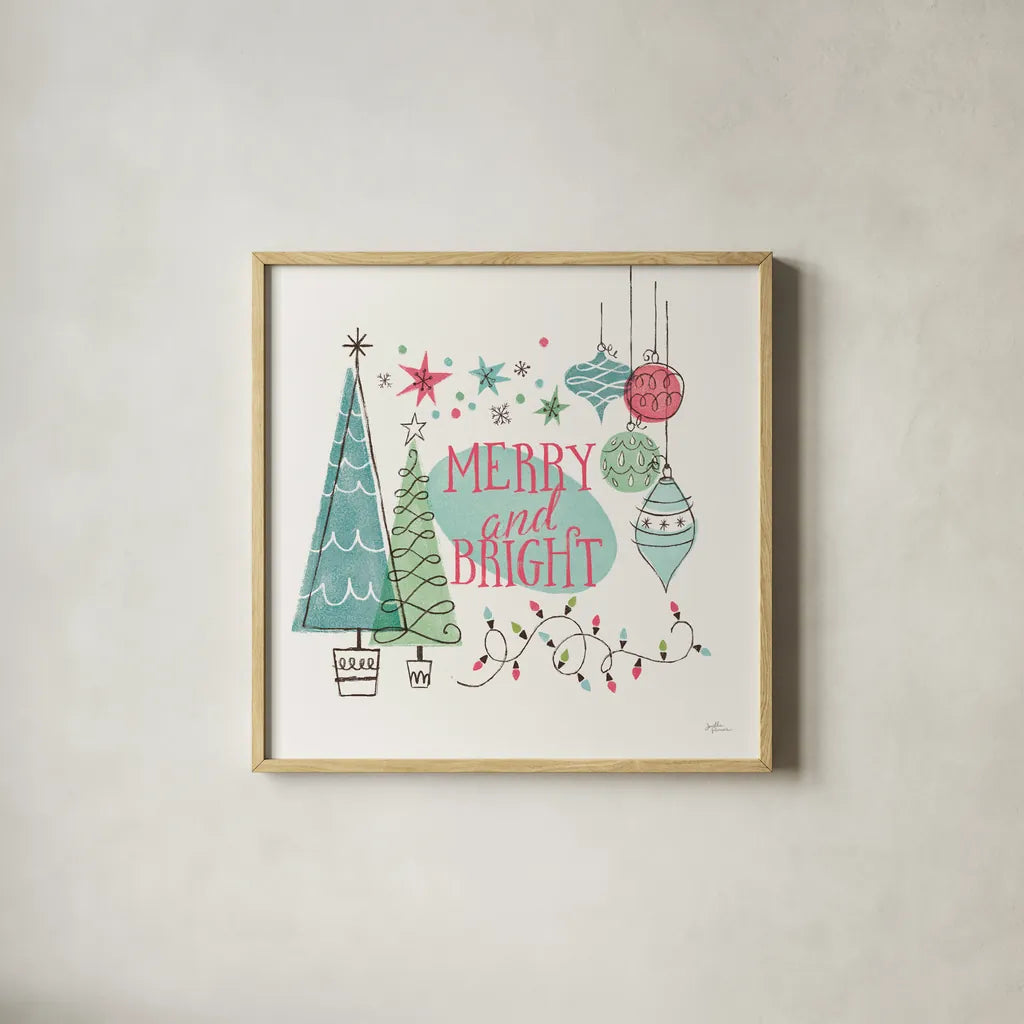Retro Christmas II Bright by Janelle Penner. Shown in a natural wood glass frame for a timeless modern aesthetic. Available as an archival giclee rolled canvas, fine art paper, or poster print. SKU 66851a.