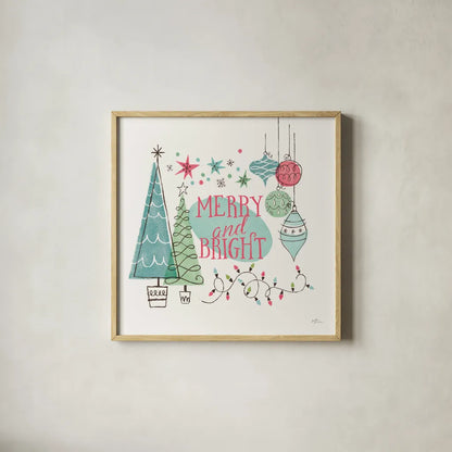 Retro Christmas II Bright by Janelle Penner. Shown in a natural wood glass frame for a timeless modern aesthetic. Available as an archival giclee rolled canvas, fine art paper, or poster print. SKU 66851a.