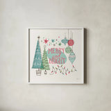 Retro Christmas II Bright by Janelle Penner. Shown in a crisp white glass frame for a clean and minimalist style. Available as an archival giclee rolled canvas, fine art paper, or poster print. SKU 66851a.